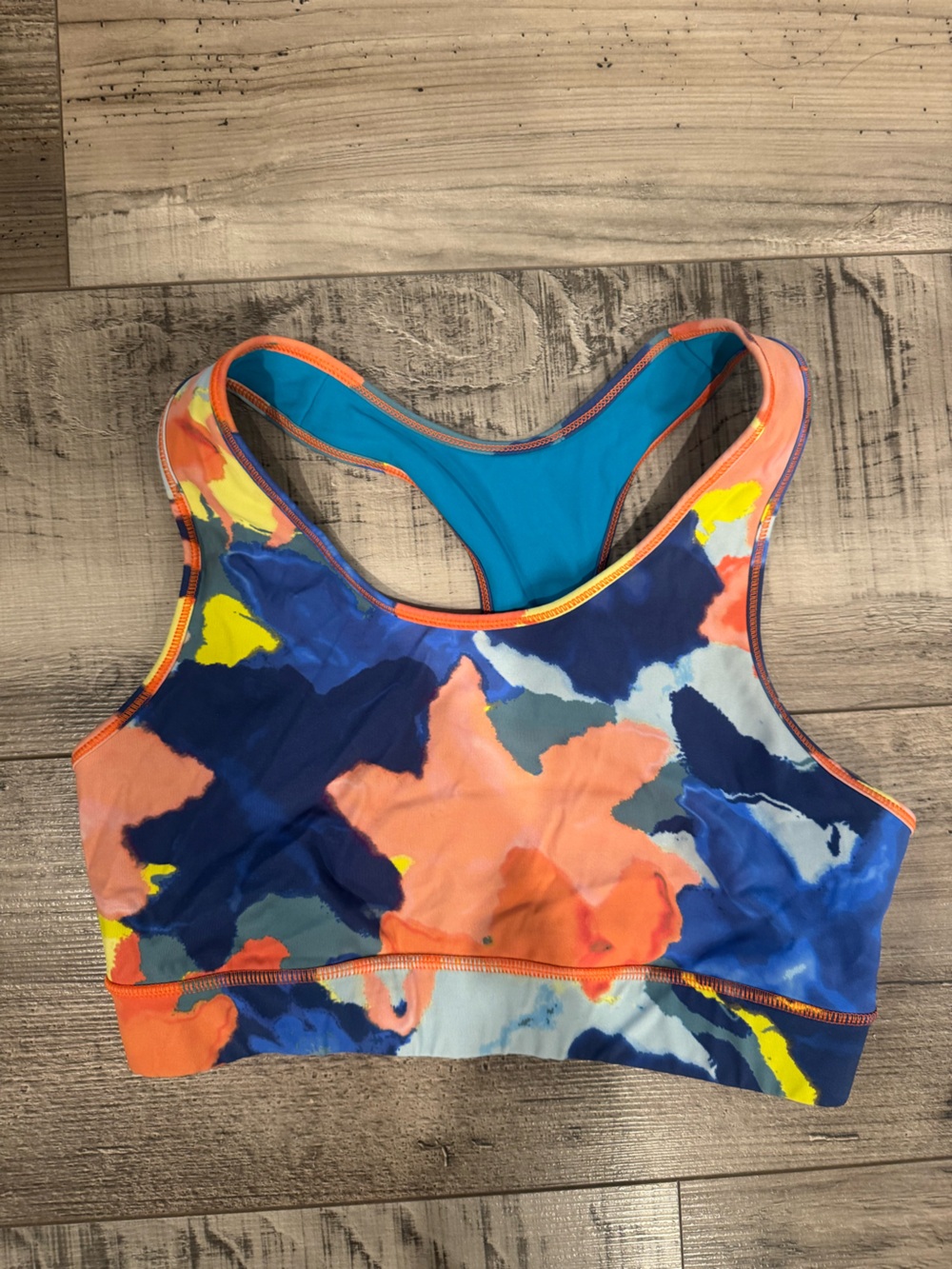 Janji Vibrant Coral, Navy & Teal Abstract Print Sports Bra